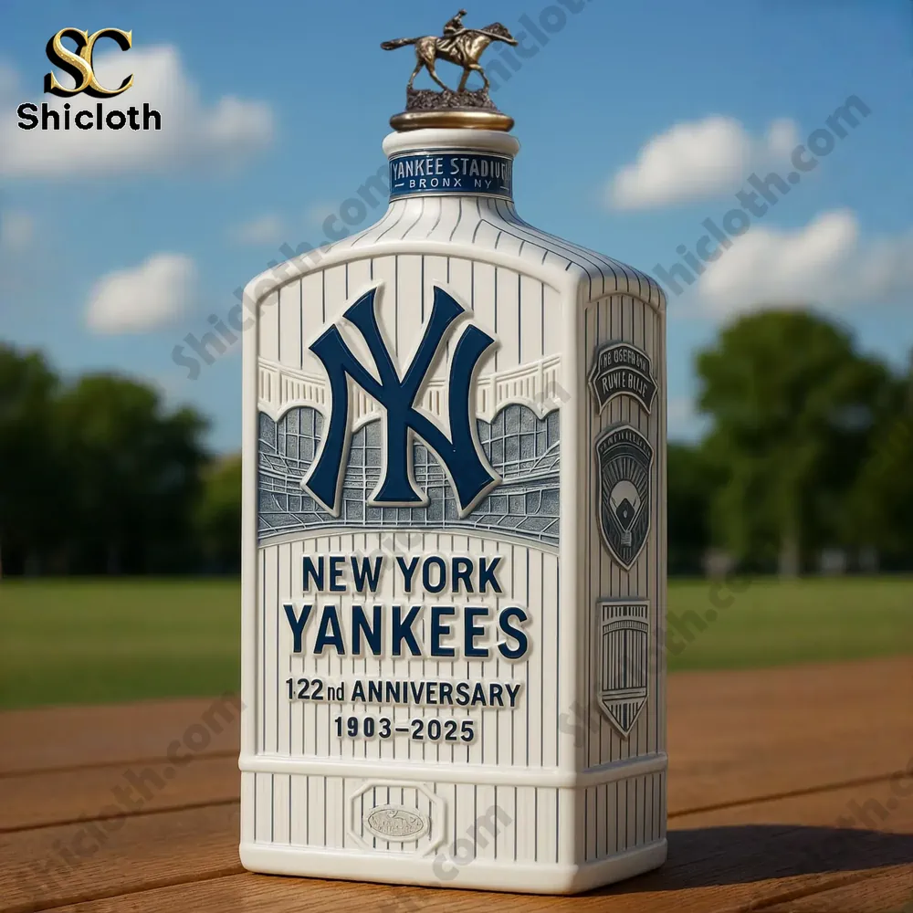 New York Yankees anniversary bottle with a red wax top outdoors.