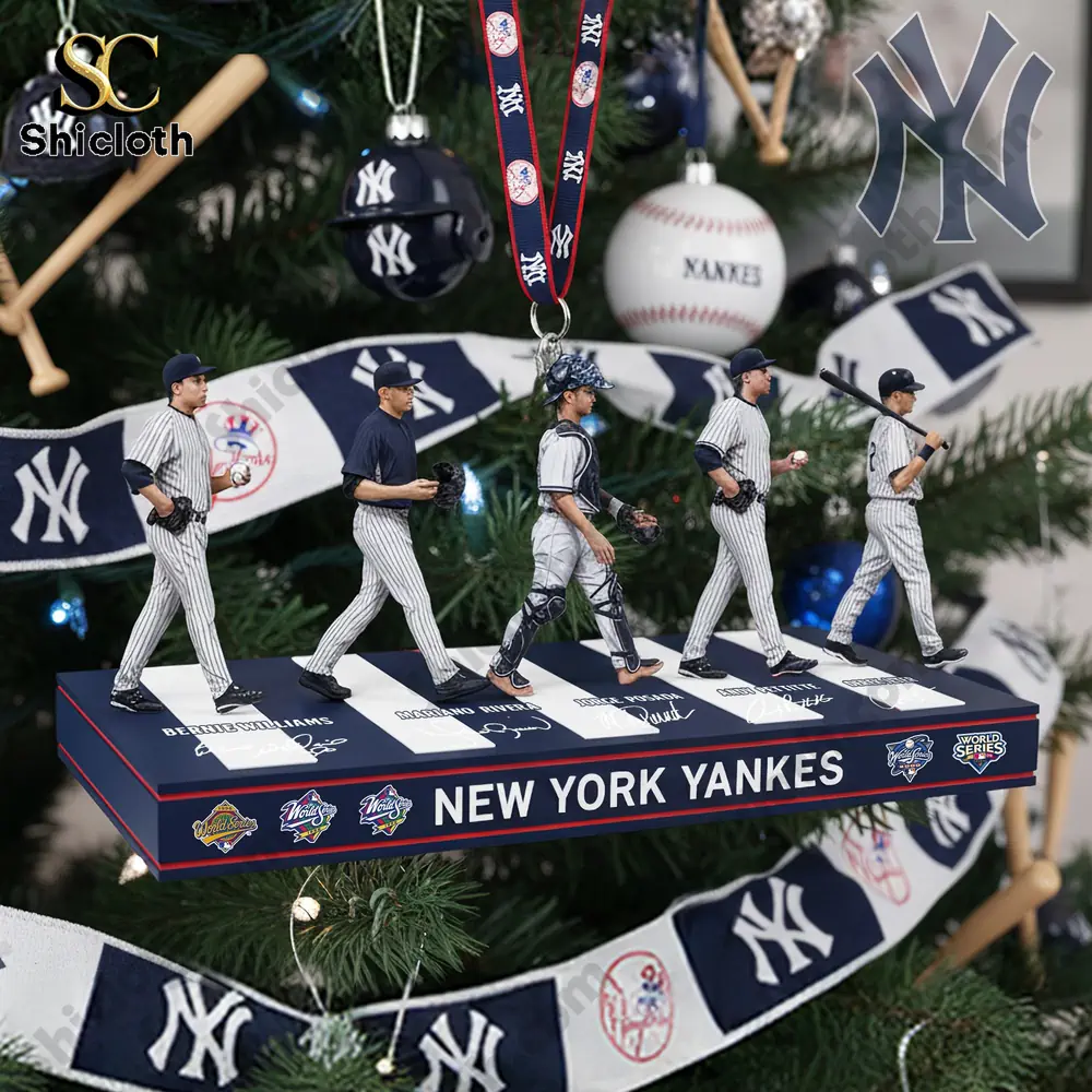New York Yankees Dynasty Walk figurines display on a Christmas tree.
