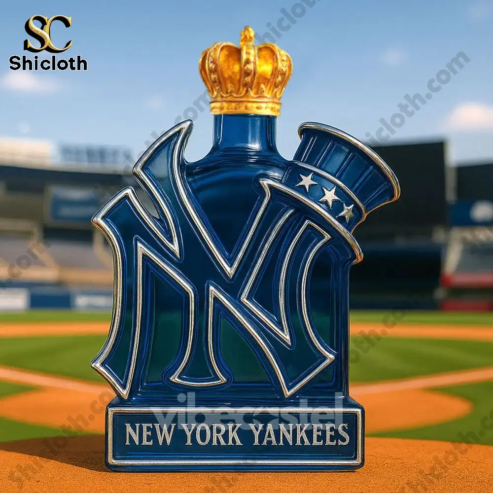 New York Yankees anniversary bottle with a horse rider top outdoors.