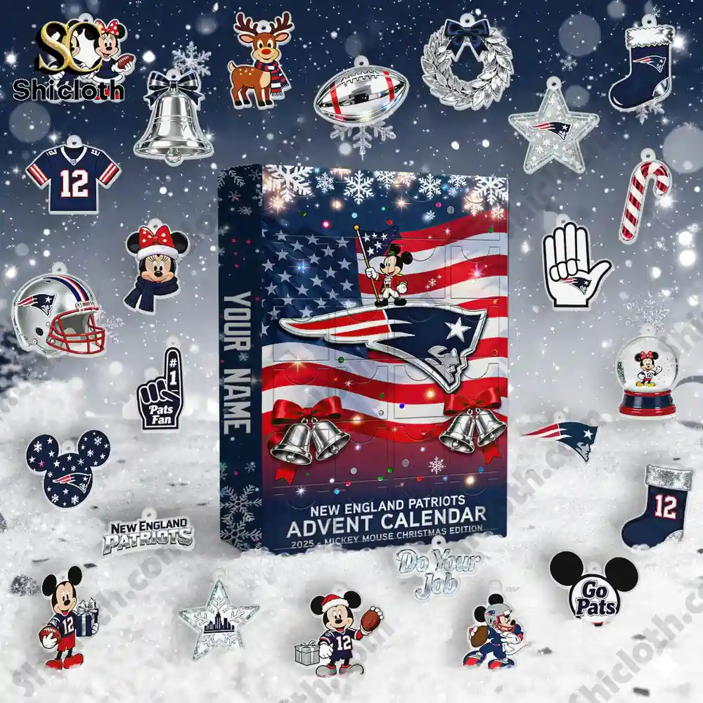 New England Patriots x Mickey Mouse Custom Name Advent Calendar 2025 3 New England Patriots 2025 Advent Calendar box surrounded by team-themed ornaments, snowflakes, and Mickey figures.
