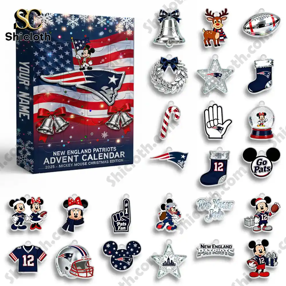New England Patriots x Mickey Mouse Custom Name Advent Calendar 2025 4 Full collection of New England Patriots 2025 Advent Calendar ornaments and mini figures displayed around the box.