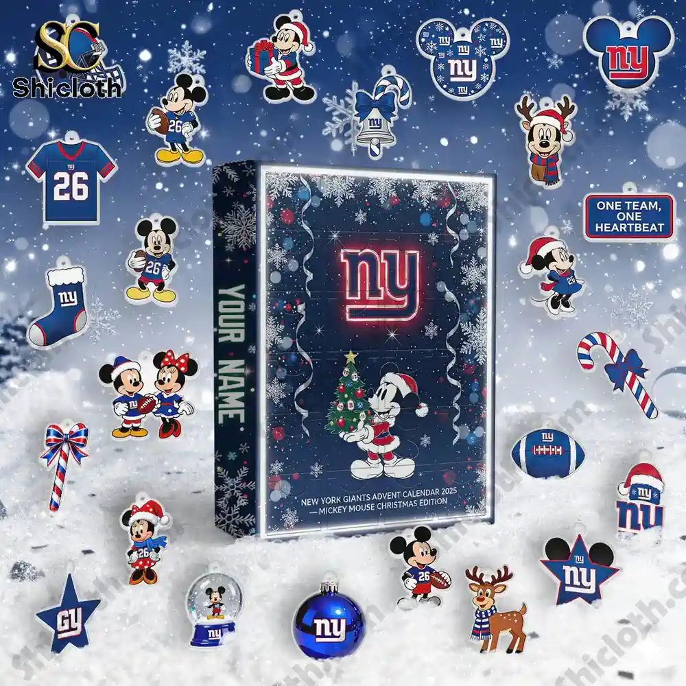 New York Giants x Mickey Mouse Custom Name Advent Calendar 2025 3 New York Giants-themed Shicloth Advent Calendar surrounded by Christmas ornaments featuring Mickey Mouse and team logos.