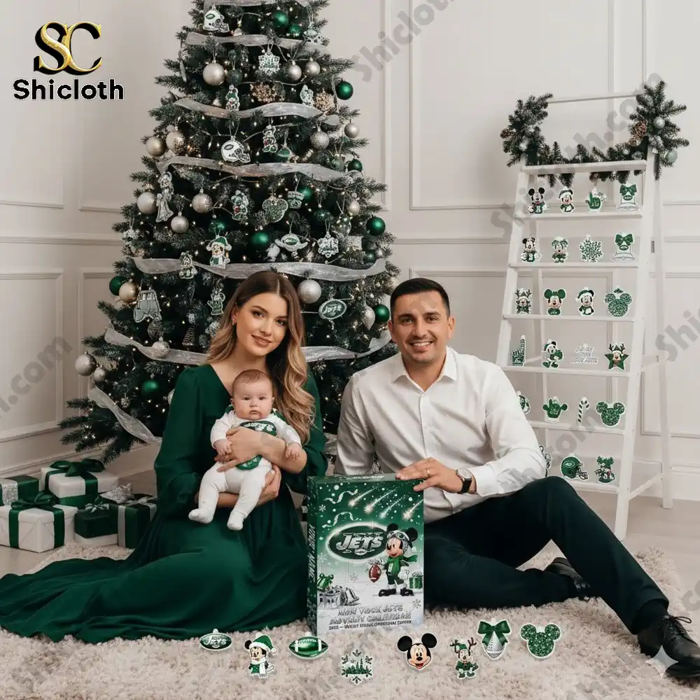 A family sitting by a Christmas tree decorated with New York Jets ornaments and a Shicloth Advent Calendar box in front.