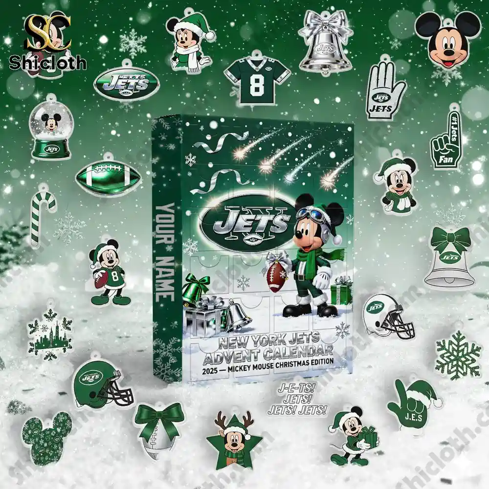 New York Jets x Mickey Mouse Custom Name Advent Calendar 2025 3 New York Jets-themed Shicloth Advent Calendar surrounded by festive ornaments and Mickey Mouse figures.