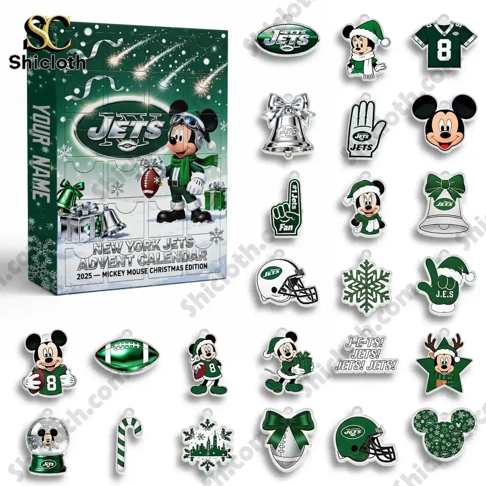 New York Jets x Mickey Mouse Custom Name Advent Calendar 2025 4 New York Jets Shicloth Advent Calendar with themed ornaments and Mickey Mouse decorations.