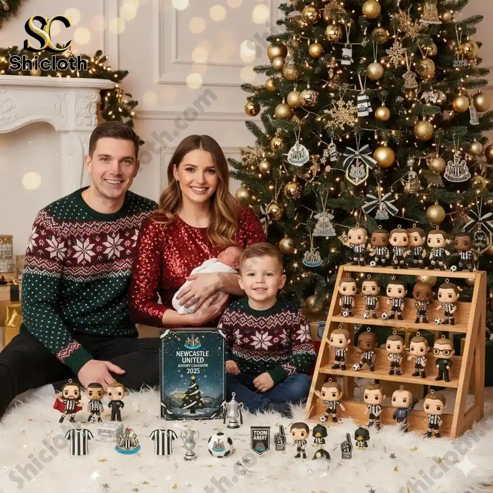 A family posing in front of a Christmas tree with the Newcastle United Advent Calendar 2025 and collectible mini figures.