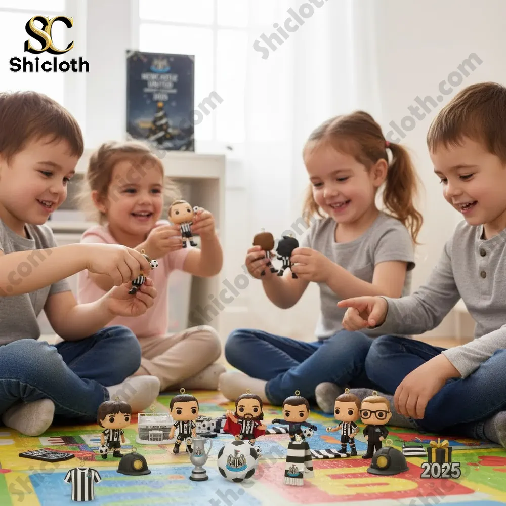 Children playing with Newcastle United Advent Calendar 2025 collectible figures on the floor.