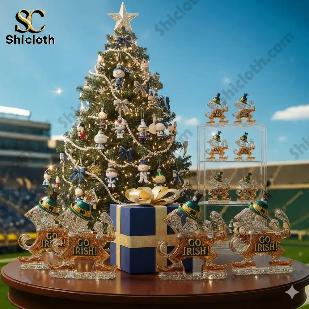 A Christmas tree and multiple Go Irish themed glass figures displayed in a stadium setting!