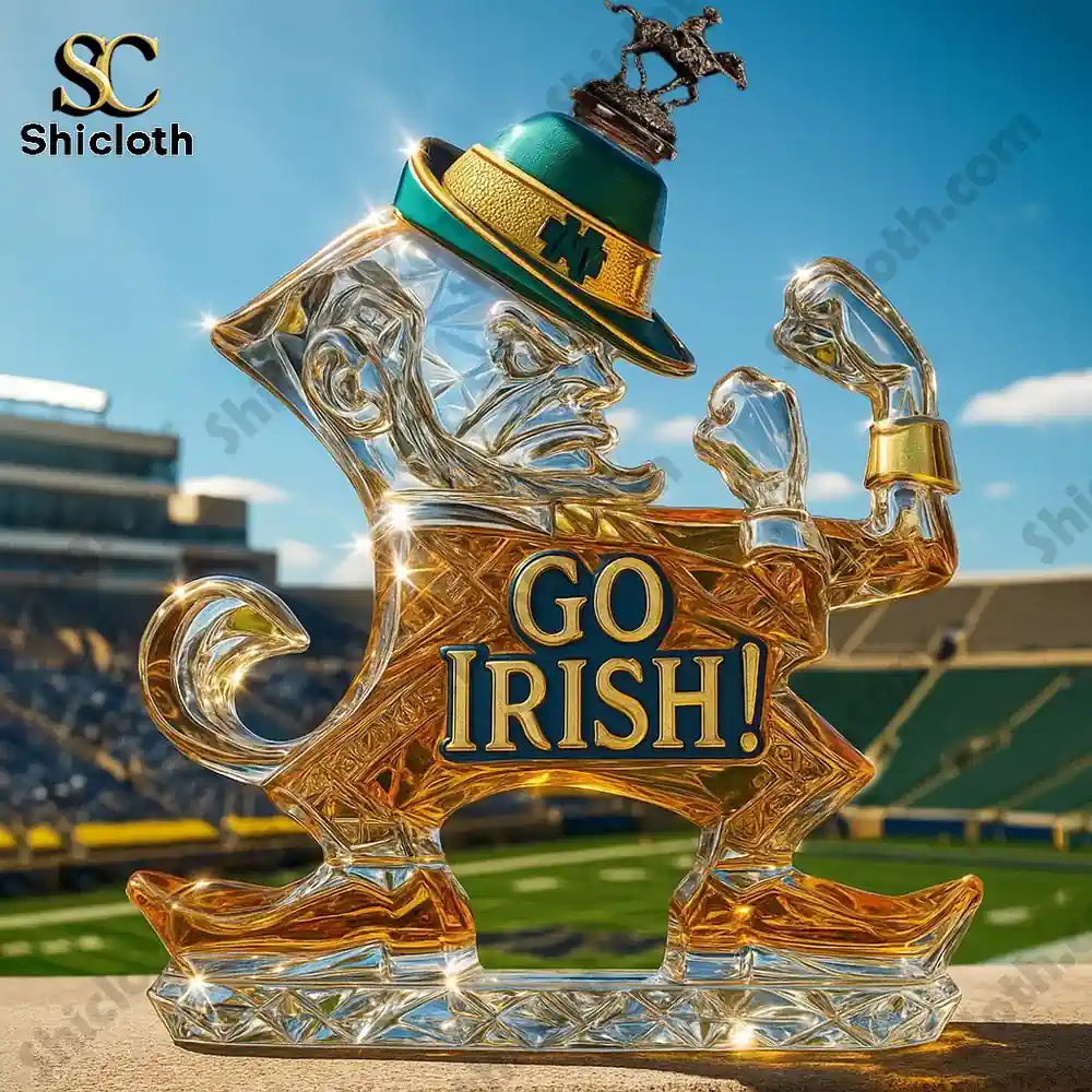 A glass figure shaped like the fighting mascot with a Go Irish message displayed at a stadium!