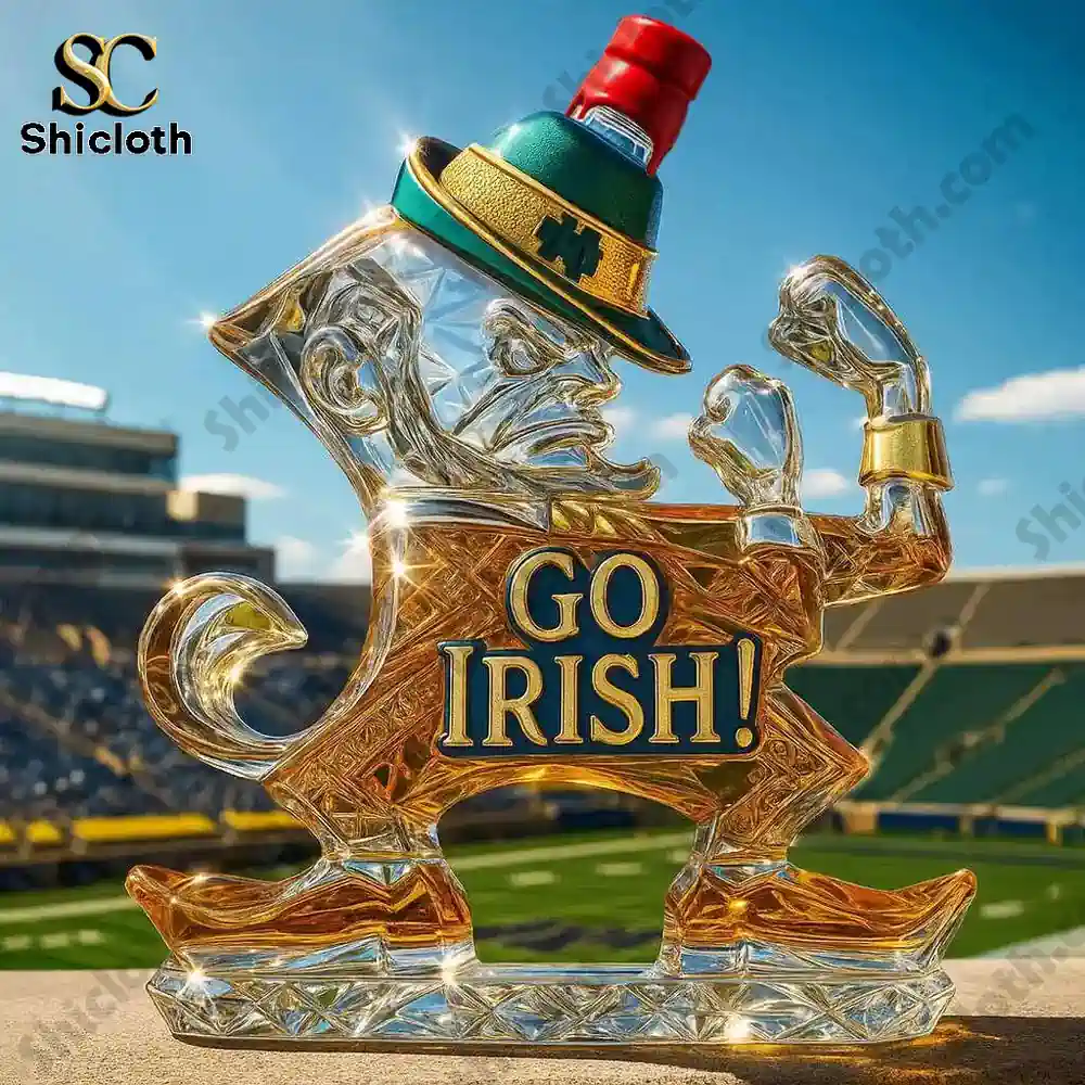 Notre Dame Fighting Irish Go Irish Christmas Whiskey Bottle 3 A Go Irish glass figure with a red top attached to its green cap at a stadium!