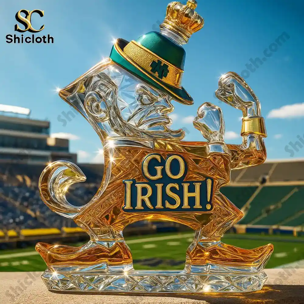Notre Dame Fighting Irish Go Irish Christmas Whiskey Bottle 4 A Go Irish glass figure with a crown shaped top on its cap at a stadium!