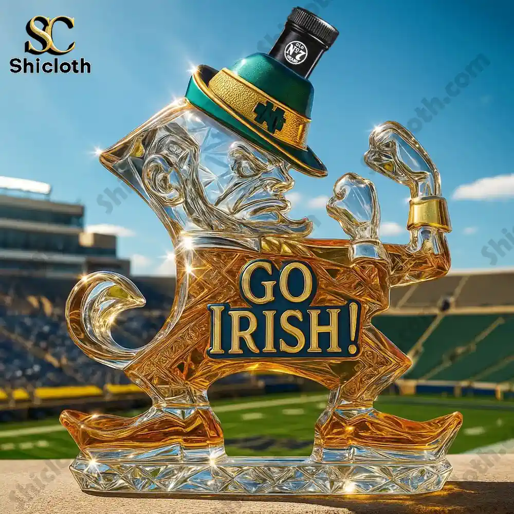 Notre Dame Fighting Irish Go Irish Christmas Whiskey Bottle 5 A Go Irish glass figure with a black cap top attachment at a stadium!