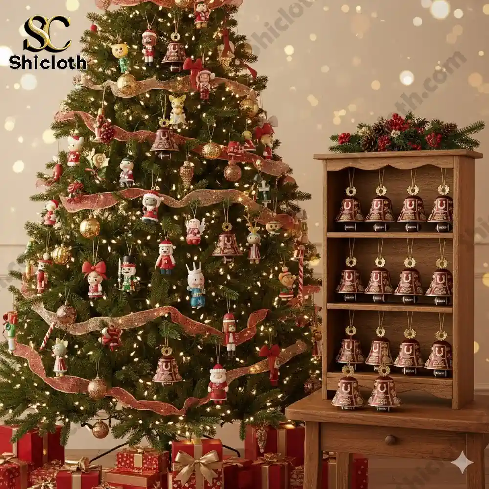 A decorated Christmas tree with Ohio State Buckeyes 135th anniversary bell ornaments and festive decorations.