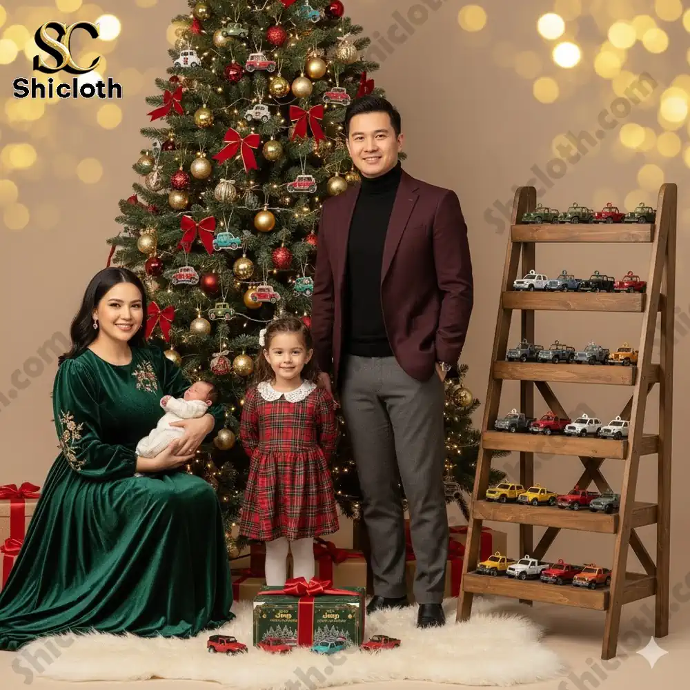 A family posing by a Christmas tree with Jeep model cars and a 2025 Jeep Advent Calendar box.