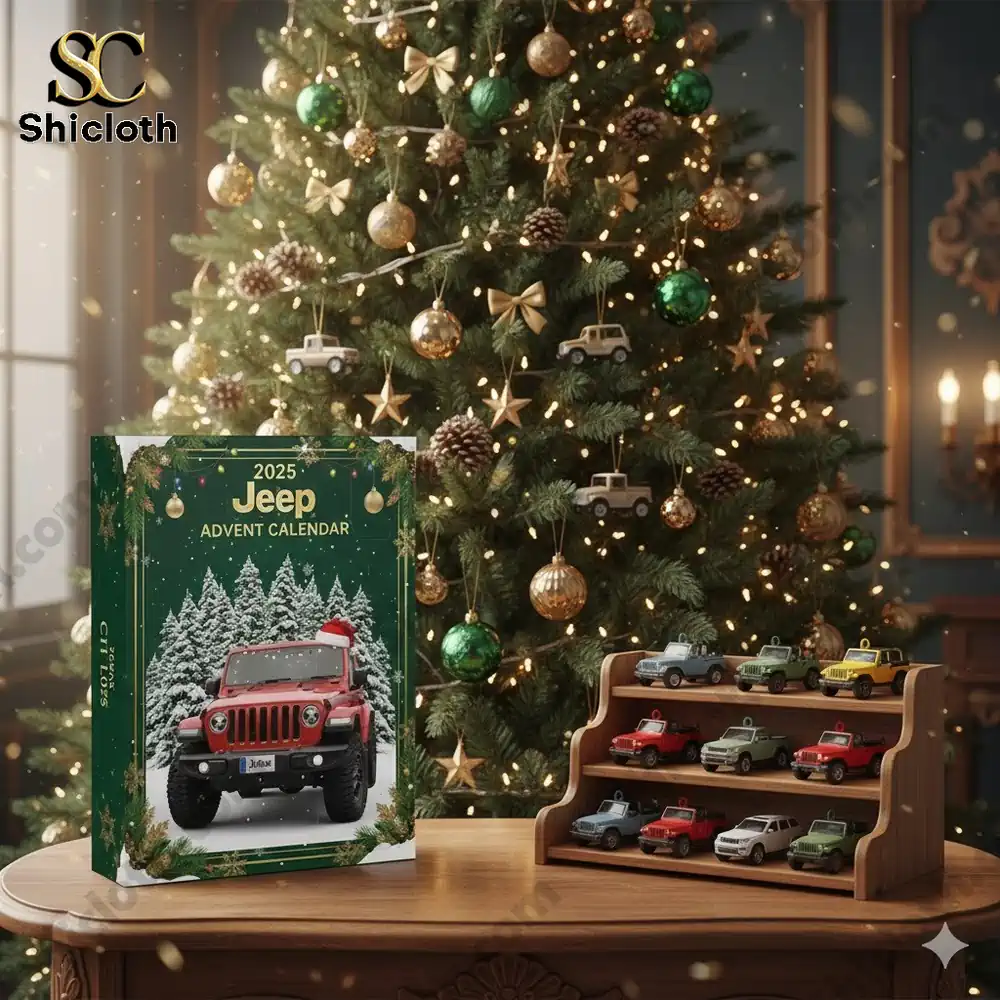A 2025 Jeep Advent Calendar displayed near a Christmas tree with small Jeep model cars.
