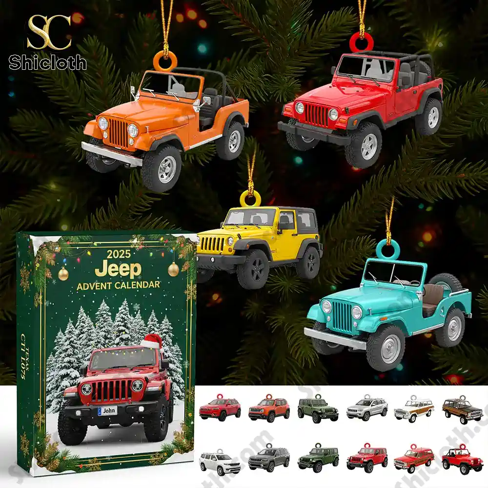 Off Road Lovers Advent Calendar Blind Box Personalized Christmas Gifts 5 2025 Jeep Advent Calendar with colorful Jeep models in front of a Christmas tree.