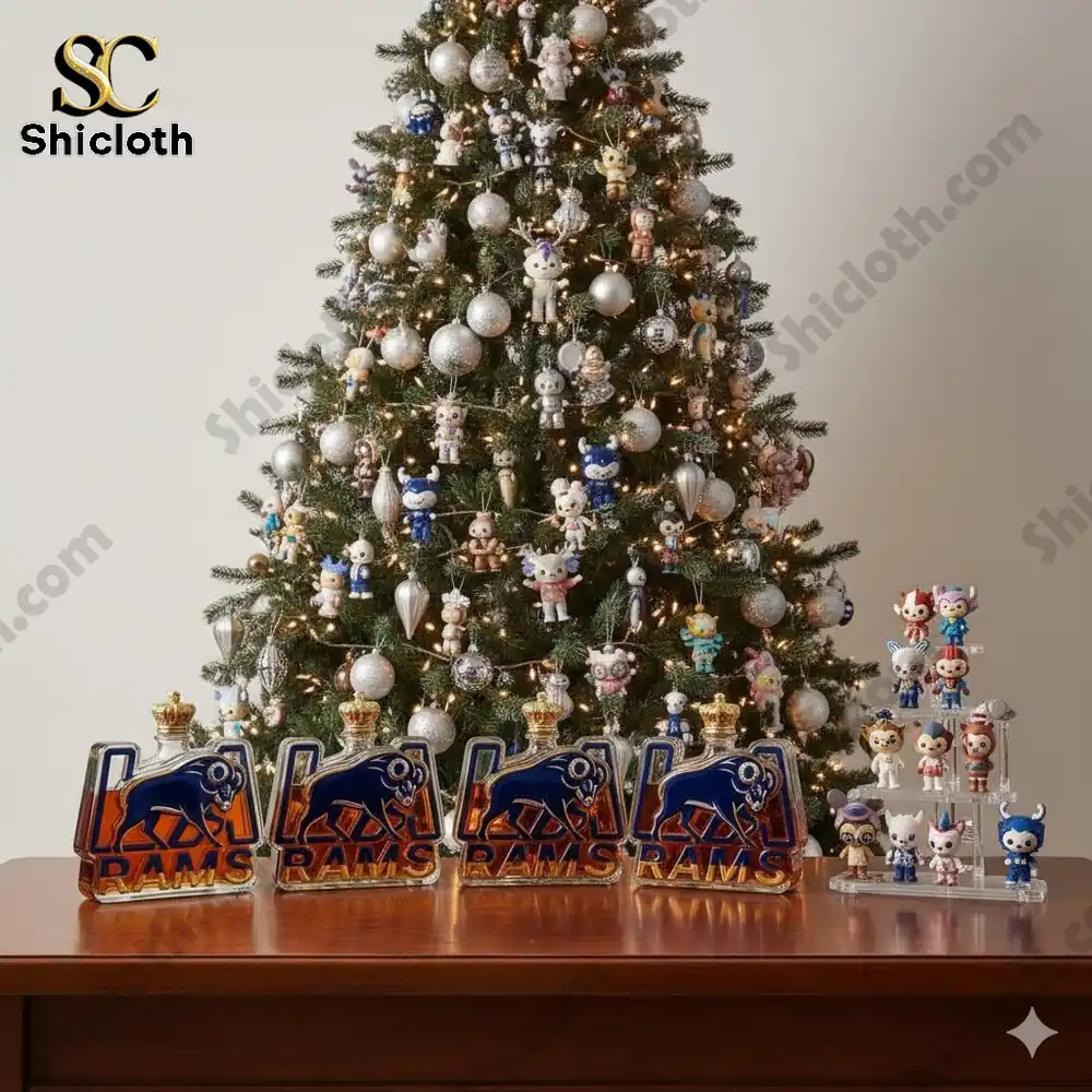 A decorated Christmas tree with collectible figures and several Rams shaped whiskey bottles on a table in front of it!