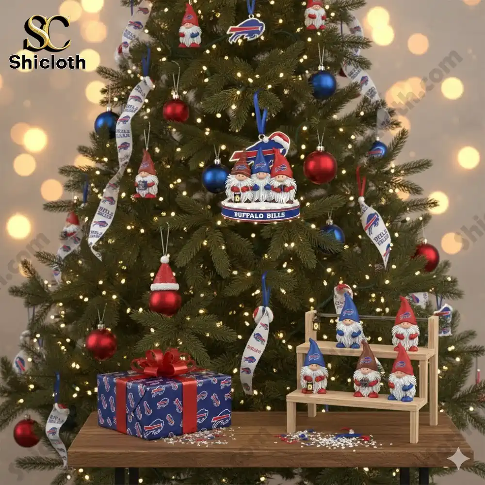 Christmas tree with Buffalo Bills-themed gnome ornaments, red and blue ornaments, and gift box at the base.