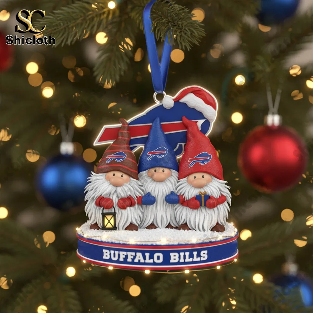 Close-up of Buffalo Bills gnome ornaments hanging on the tree, featuring blue and red hats with snowy base.