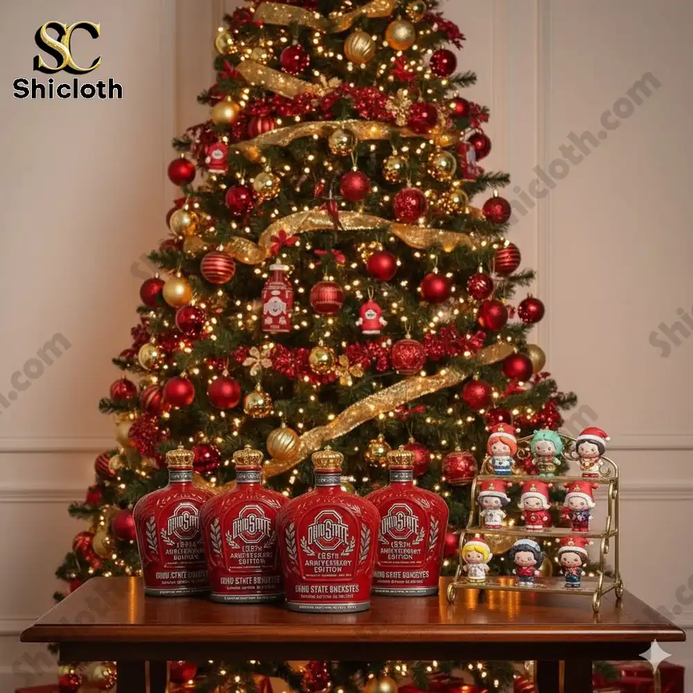 Christmas tree with Ohio State Buckeyes themed bottles and small character figures on a table.