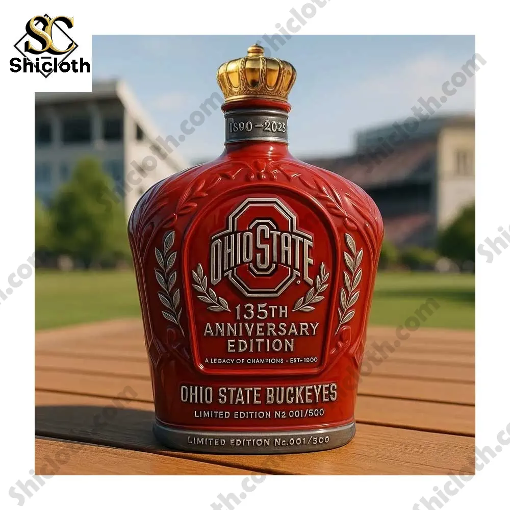 Ohio State Buckeyes one hundred thirty five anniversary bottle displayed outdoors near a stadium.