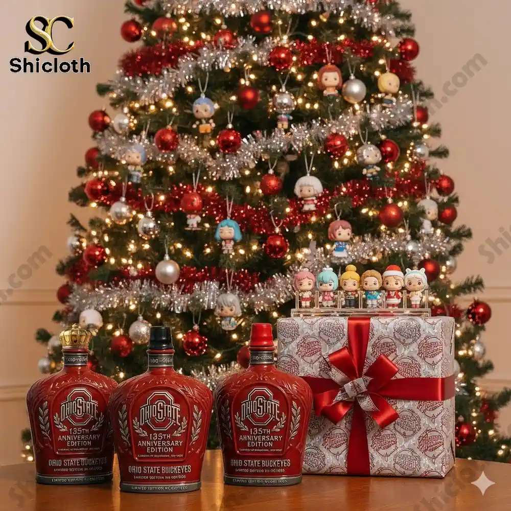 Christmas tree with Ohio State Buckeyes anniversary bottles and a Shicloth gift box decorated with small character ornaments!