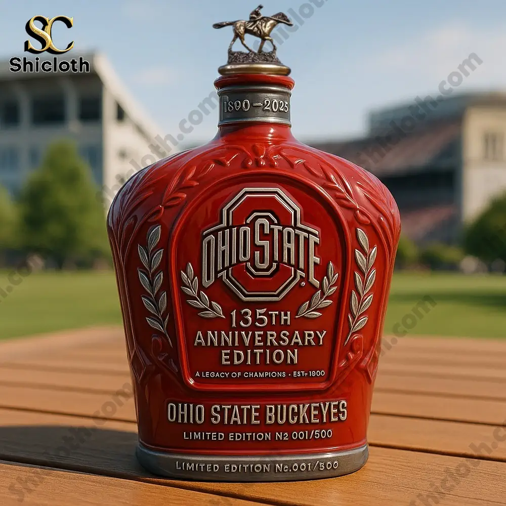 Ohio State Buckeyes one hundred thirty five anniversary bottle with a black cap displayed outdoors near campus buildings!