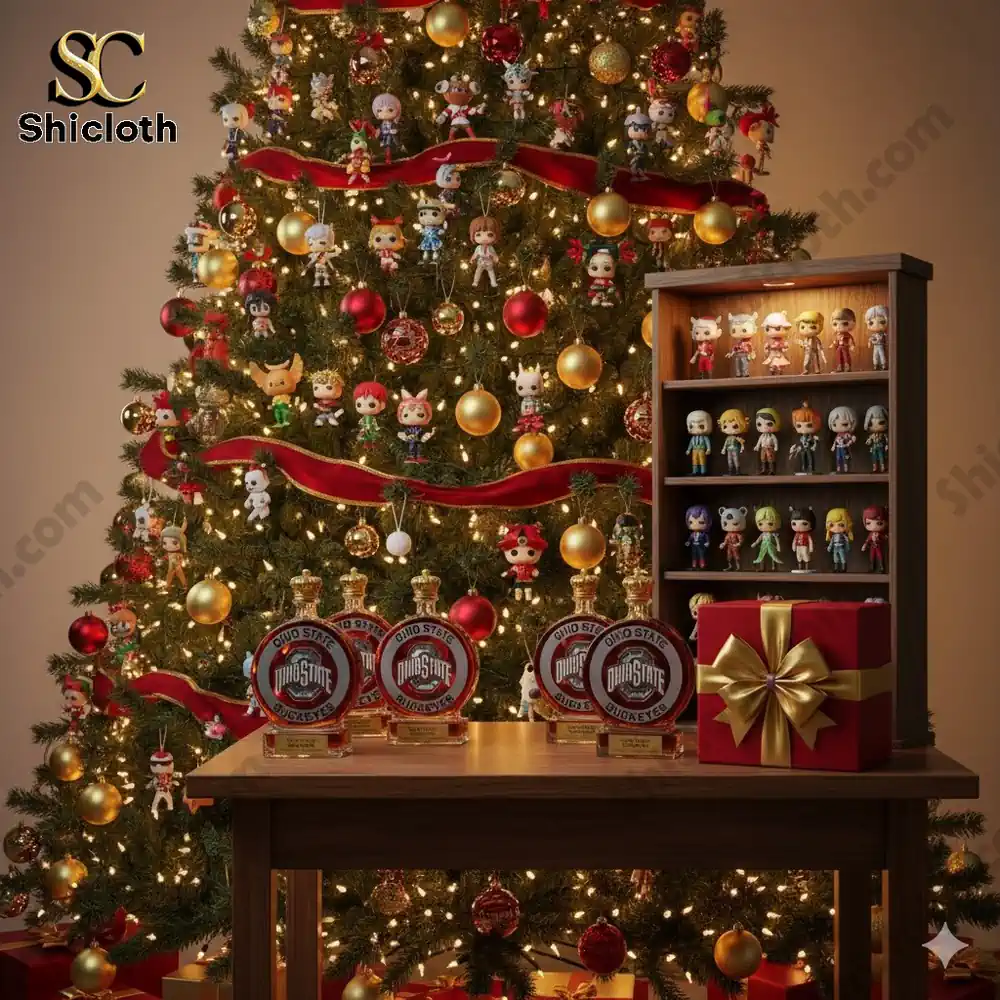 Christmas tree with collectible figures and Ohio State bottles displayed on a table!