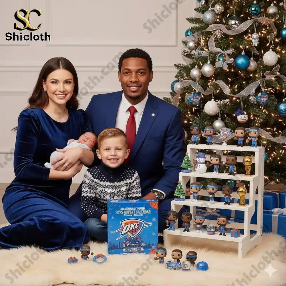 A family posing beside a Christmas tree with Oklahoma City Thunder figurines and Advent Calendar box.