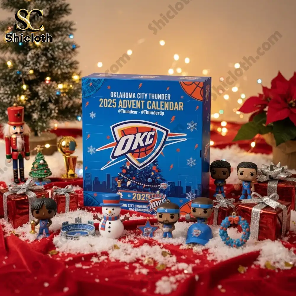 Oklahoma City Thunder Advent Calendar box displayed with mini figurines and Christmas decorations.