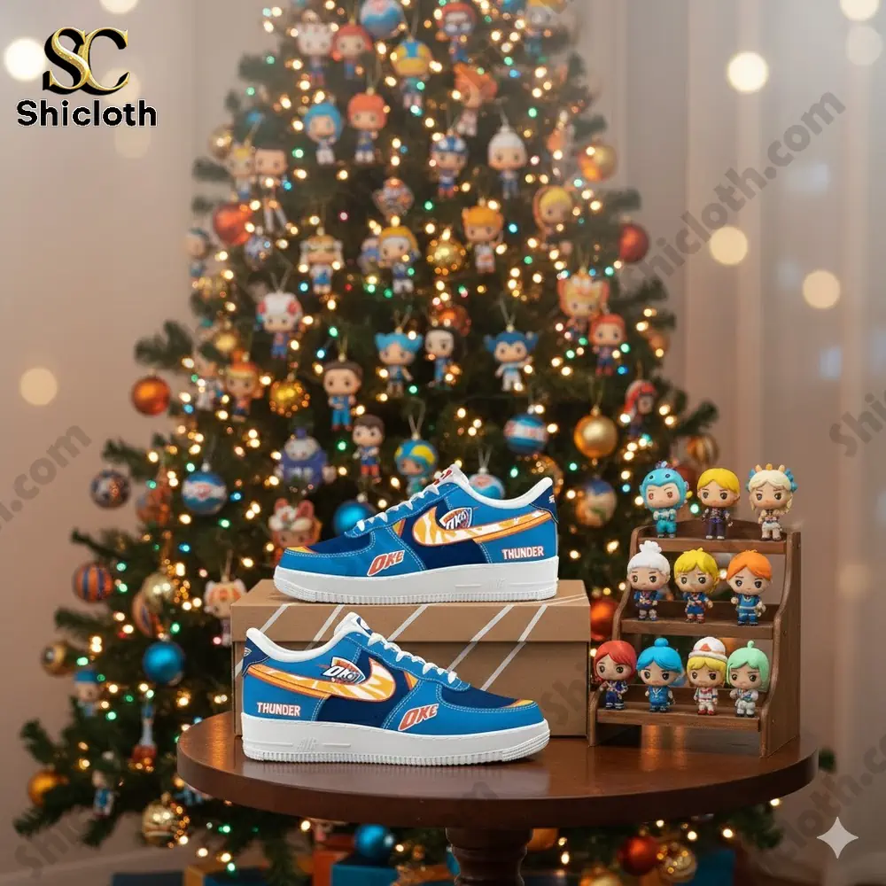 Alt text: Blue Oklahoma City Thunder themed sneakers displayed in front of a decorated Christmas tree with small collectible figures!