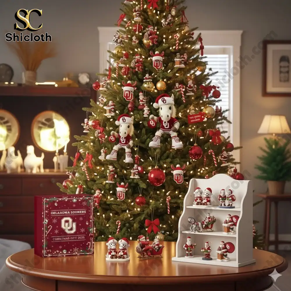 Christmas tree decorated with Oklahoma Sooners themed ornaments in a cozy living room.