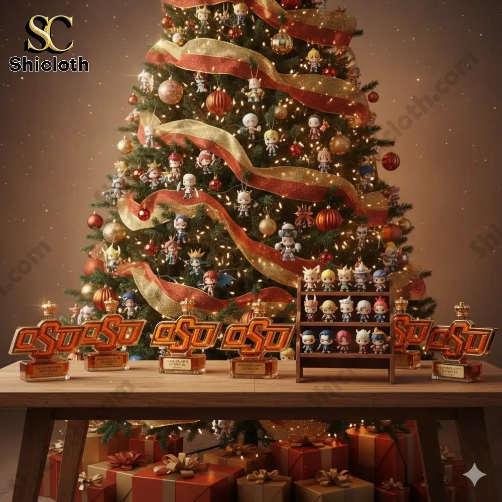 A Christmas tree decorated with small collectible figures and OSU themed trophies on a table!