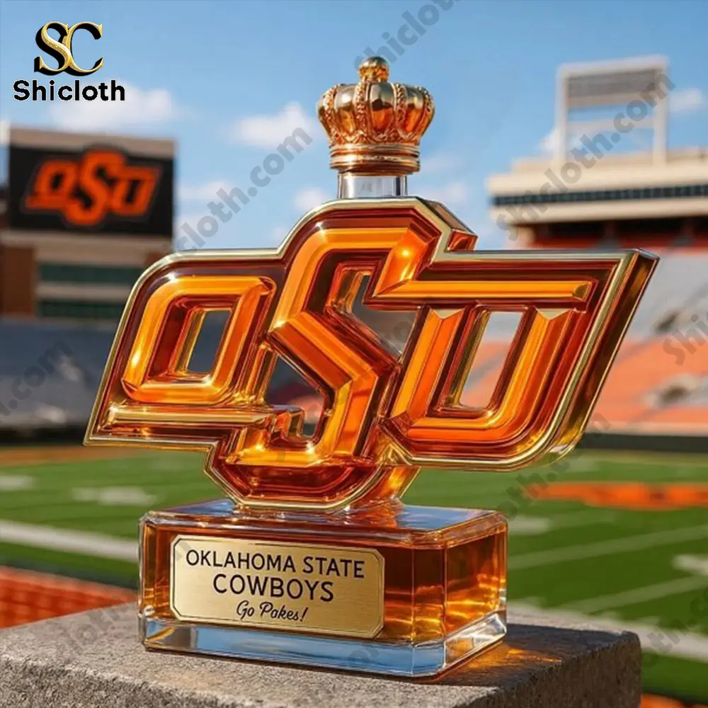 An OSU shaped display bottle placed in a football stadium setting!