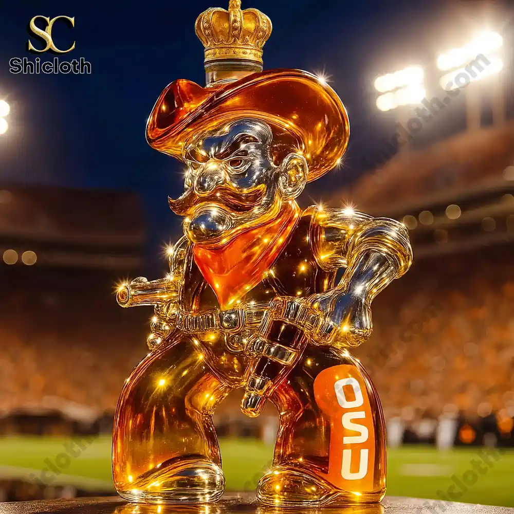 A bright orange cowboy shaped OSU themed bottle displayed in a stadium setting.