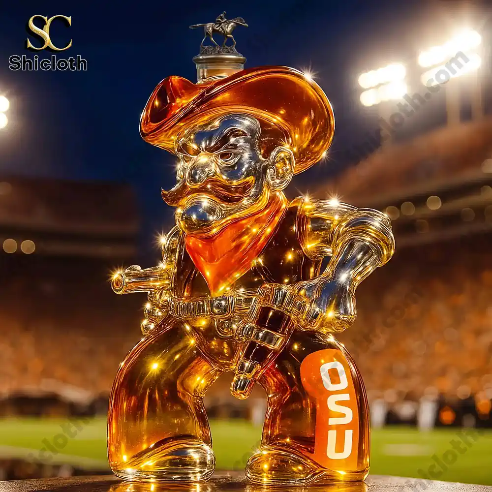 Oklahoma State Cowboys Christmas Whiskey Bottle 5 An orange OSU cowboy shaped bottle topped with a horse rider figurine cap.