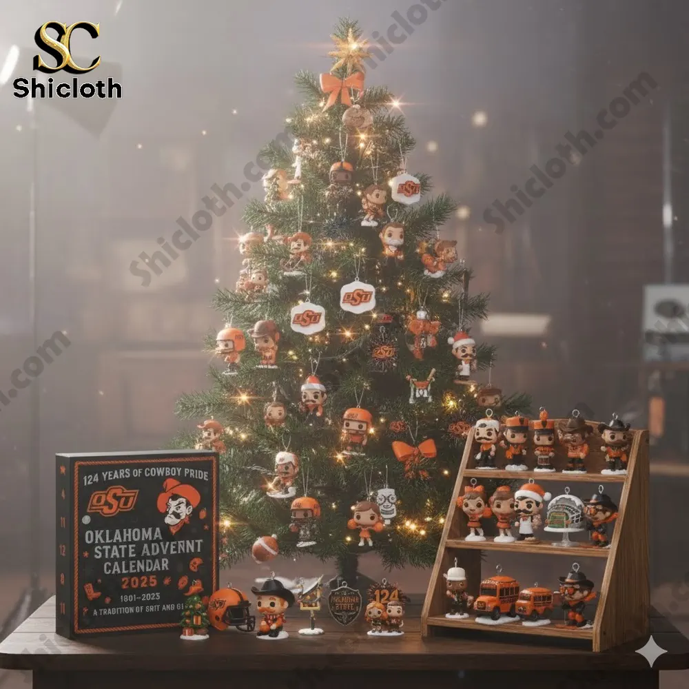 Oklahoma State Cowboys Advent Calendar 2025 display with Christmas tree and collectible figures!