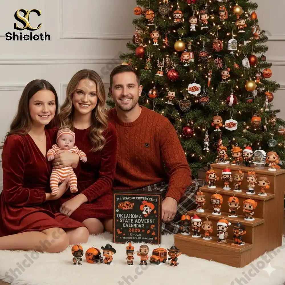 Family sitting by Christmas tree with Oklahoma State Cowboys Advent Calendar 2025 and mini figures!