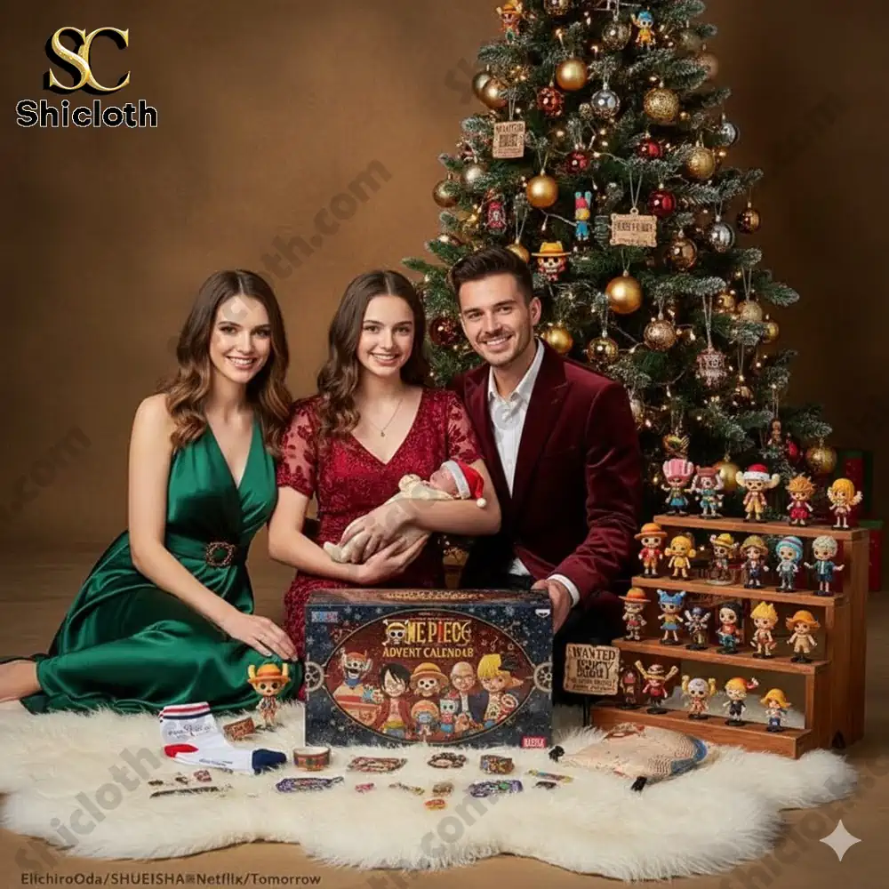 A family sitting by a Christmas tree displaying the One Piece Advent Calendar box and character figures.