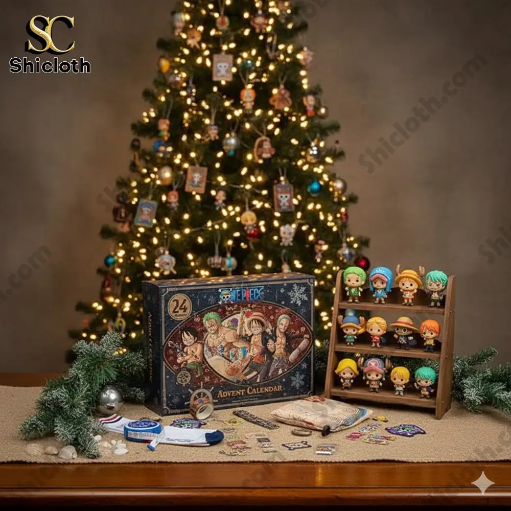 A Christmas tree decorated with One Piece ornaments and the Advent Calendar box placed in front.