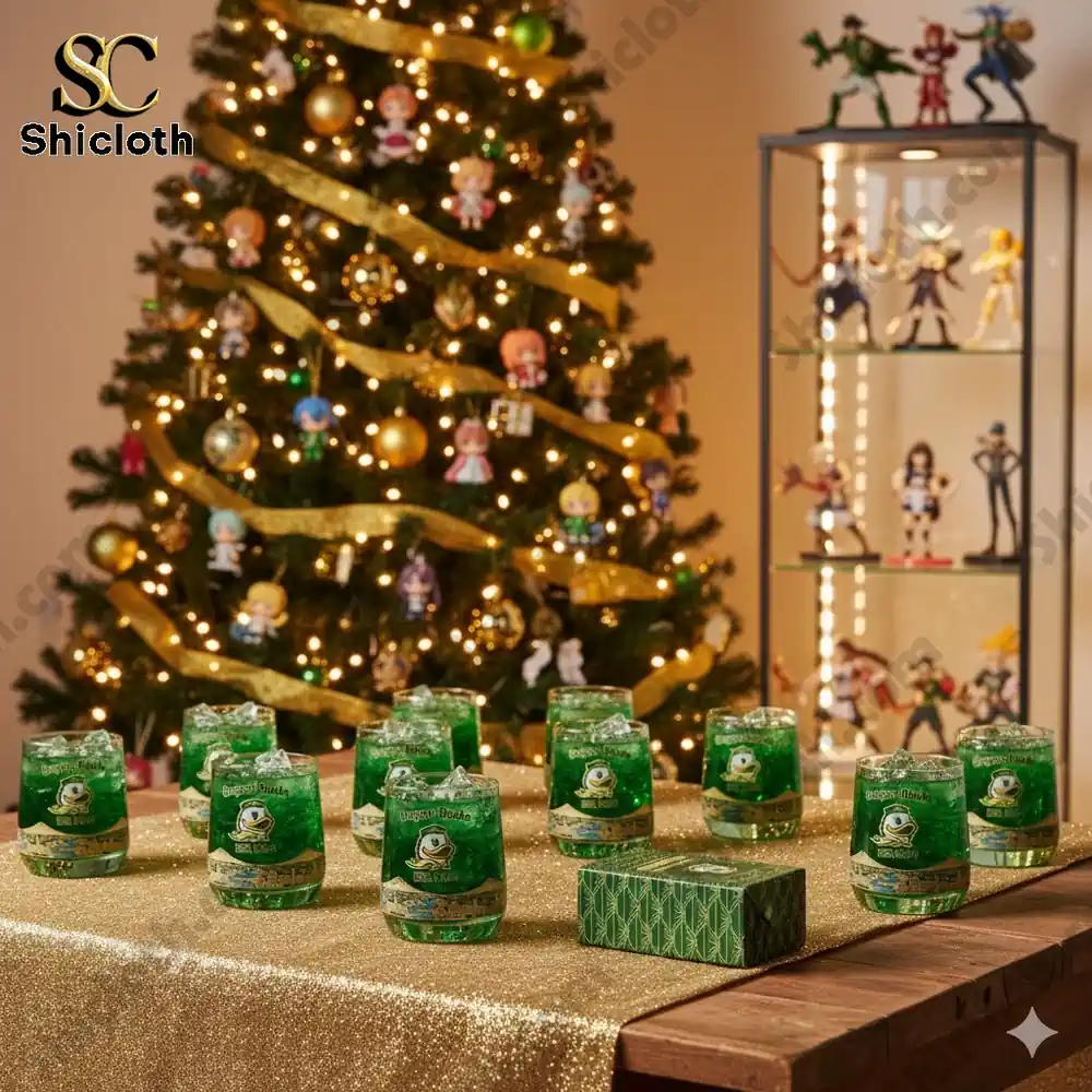Green Oregon Ducks glass displayed on a festive table with a Christmas tree and figure shelf in the background.