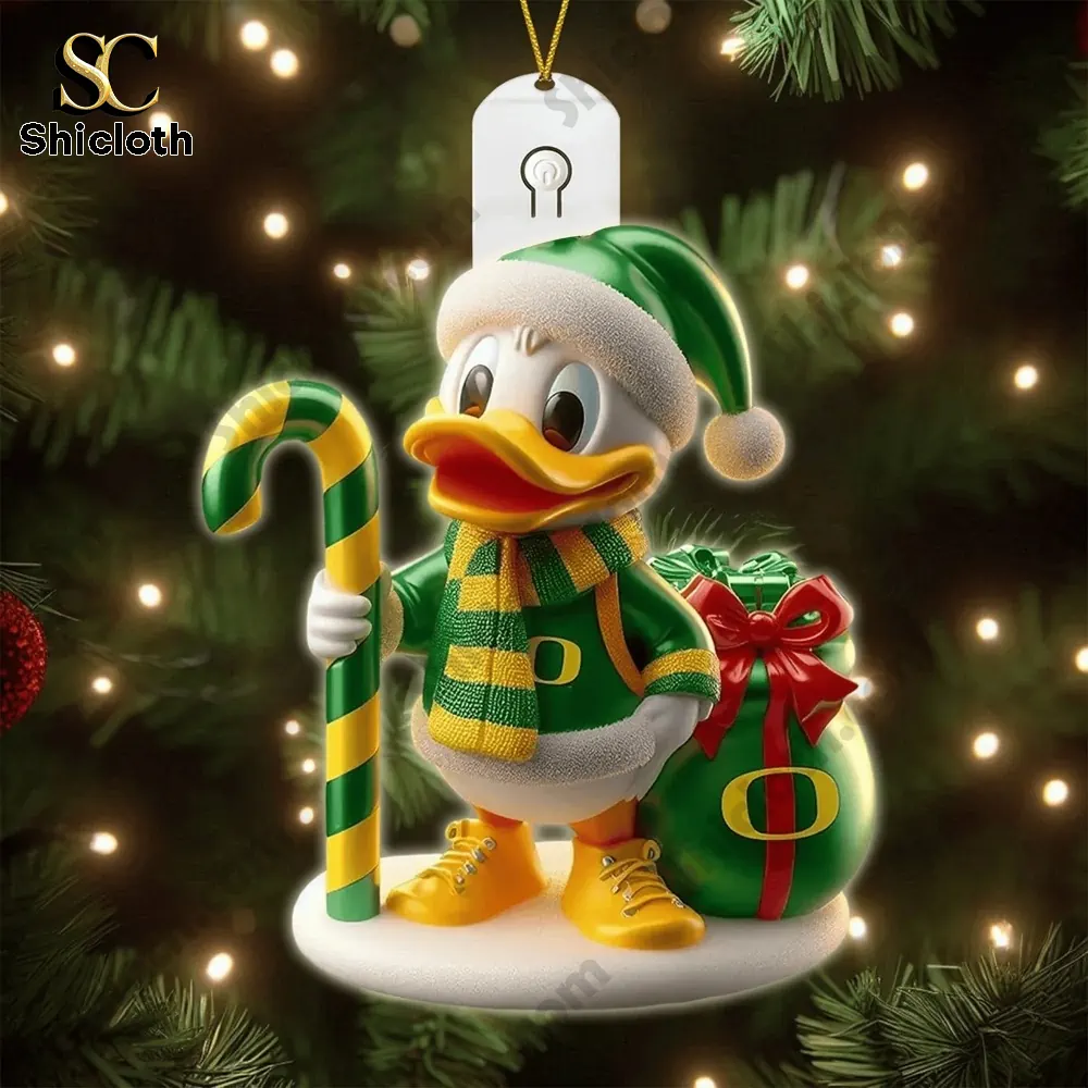 Duck mascot ornament holding a candy cane and gift bag themed in Oregon Ducks colors.