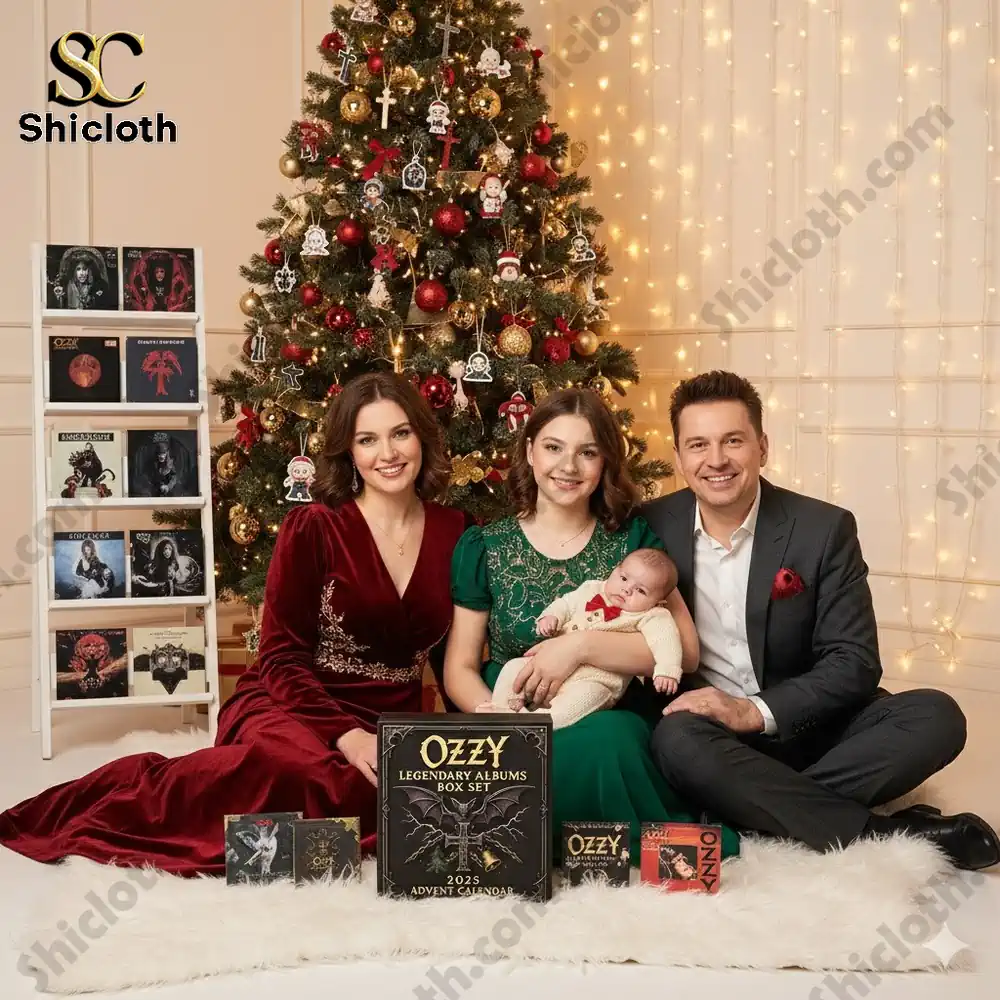 A family sitting by a Christmas tree with the 2025 Ozzy Legendary Albums Advent Calendar and album collection.