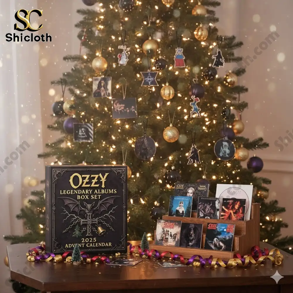 Ozzy 2025 Advent Calendar displayed near a Christmas tree with mini album decorations.