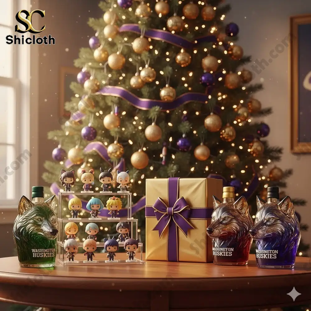 A holiday display with collectible figurines and wolf shaped bottles arranged on a table in front of a decorated Christmas tree.