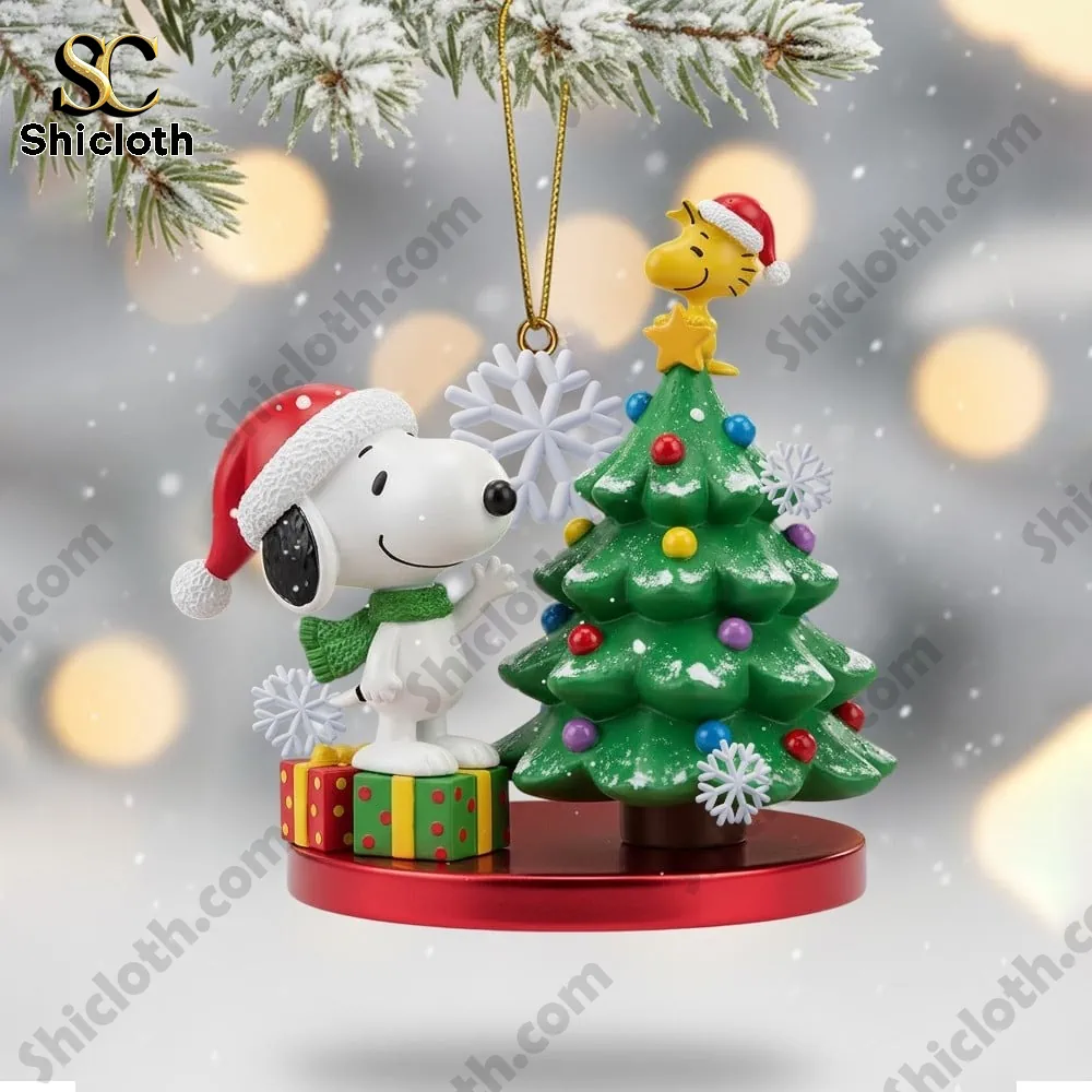 Snoopy standing near a decorated Christmas tree with presents.