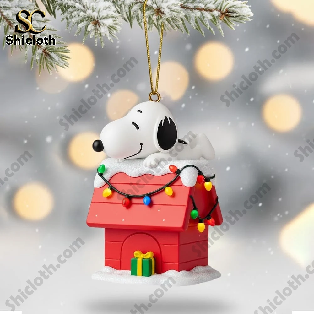 Peanut And Snoopy Christmas 2025 Snowball Led Light And Ornament Set 3 Snoopy resting on a decorated red doghouse for Christmas.