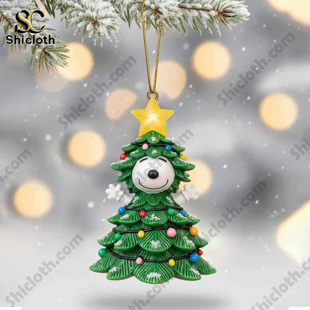Peanut And Snoopy Christmas 2025 Snowball Led Light And Ornament Set 4 Snoopy dressed as a Christmas tree with lights and a star.
