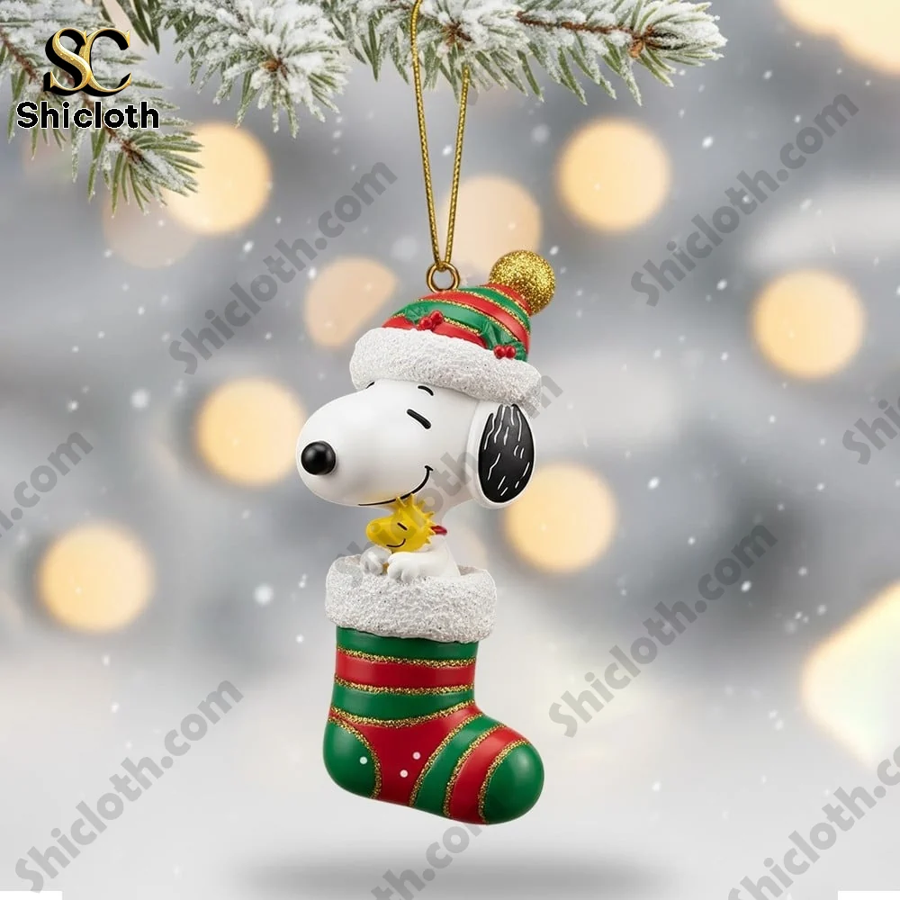 Peanut And Snoopy Christmas 2025 Snowball Led Light And Ornament Set 5 Snoopy and Woodstock in a Christmas stocking ornament.