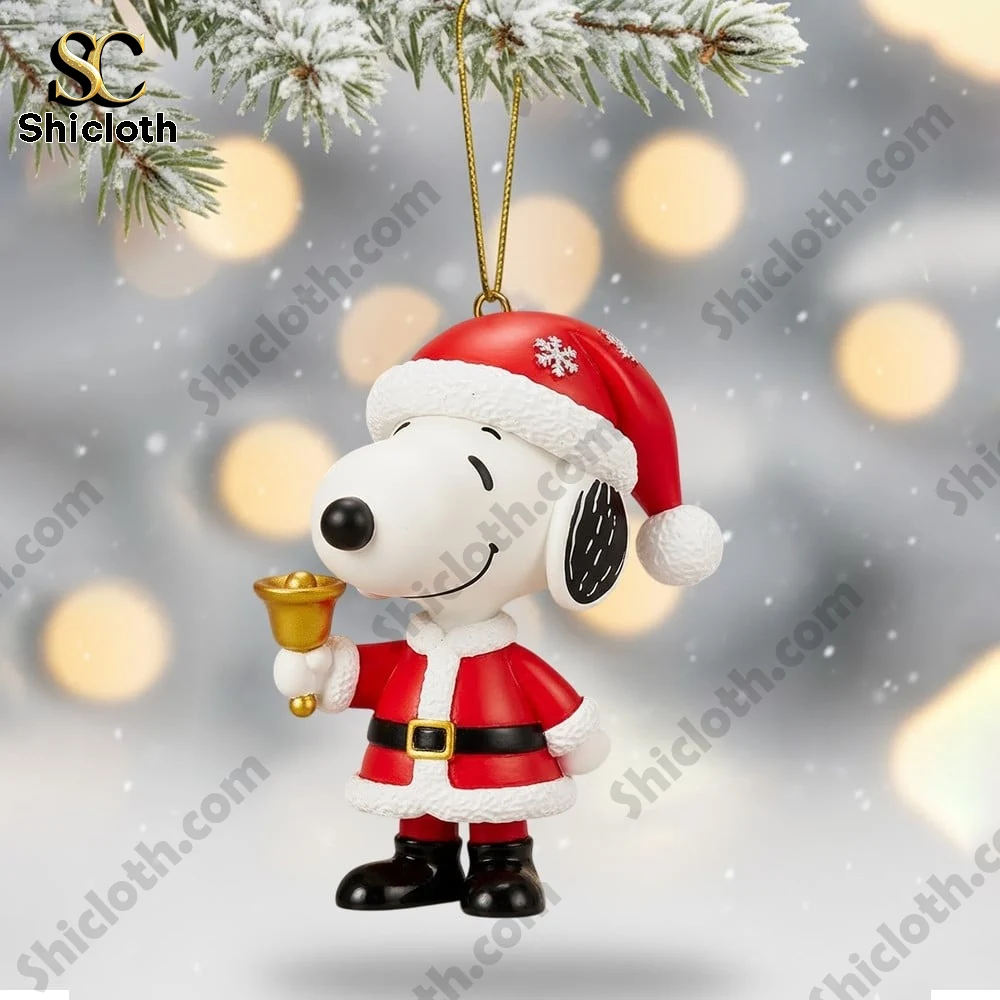 Peanut And Snoopy Christmas 2025 Snowball Led Light And Ornament Set 6 Snoopy dressed as Santa holding a bell ornament.